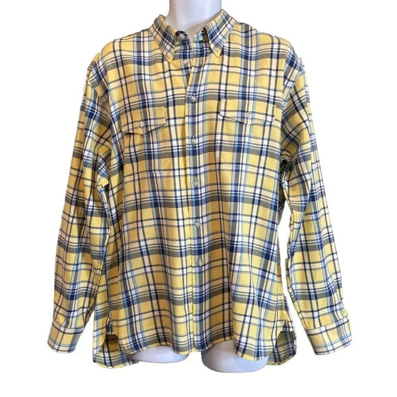 Paul Fredrick XL Long Sleeve Button Up Shirt Plaid Yellow Blue Trim Fit FLAW - Picture 1 of 8